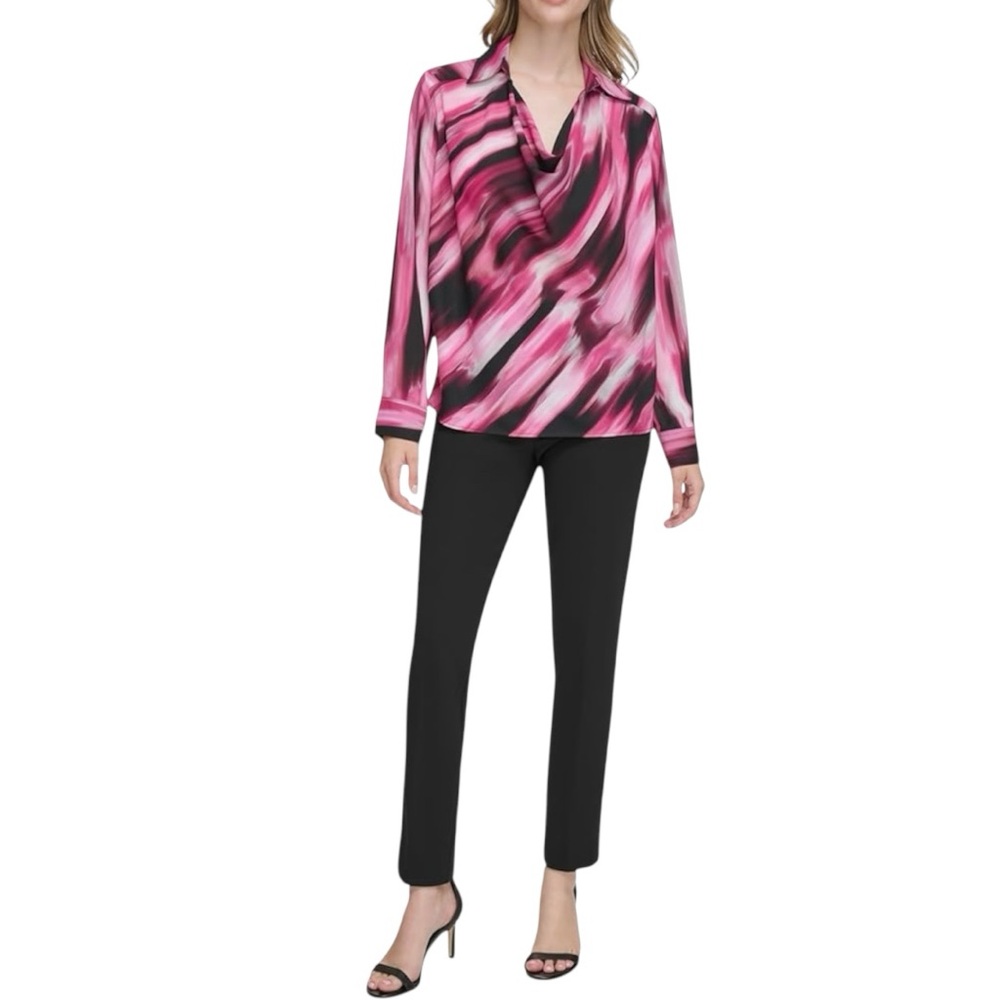 Calvin Klein Medium Long Sleeve Pink and Black Printed V Neck Blouse Workwear
